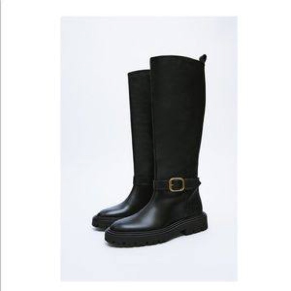 NEW Zara Black Mid Calf Boots REAL Leather 2052/810 riding tall buckle sz 41 10 - Picture 2 of 8